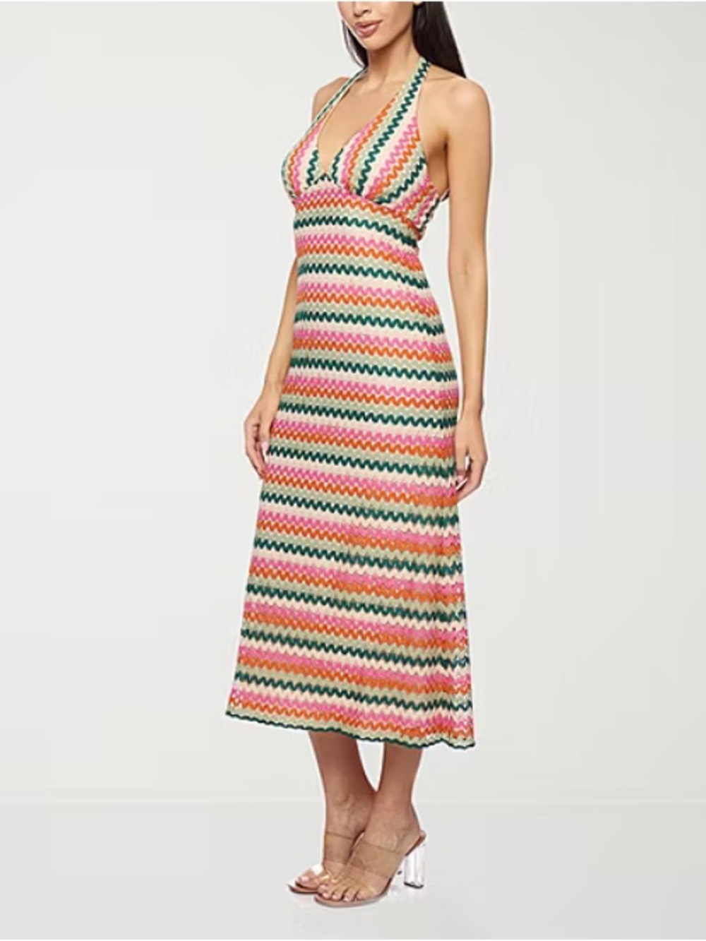 Premier Amour crochet halter midi Dress in Pink, Green & Cream